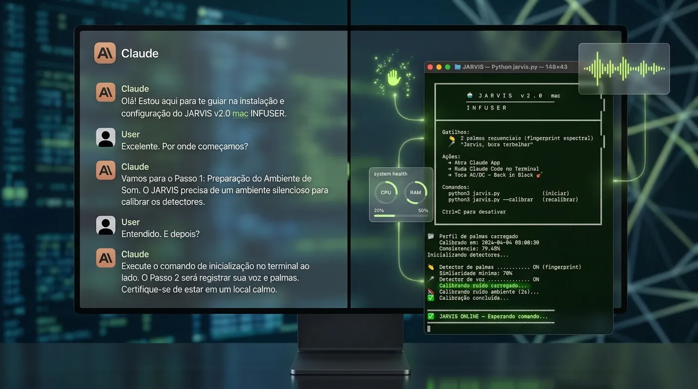 Split screen: Claude guiando instalação + terminal com JARVIS