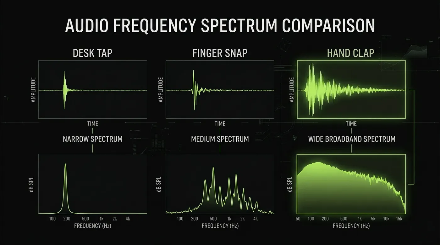 Comparação de espectros: batida na mesa vs estalo vs palma
