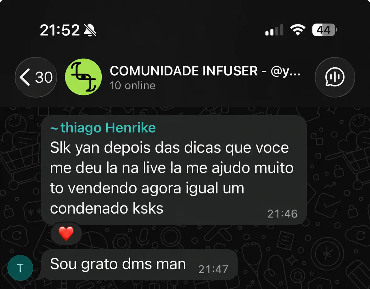 Feedback de membro na comunidade Infuser: to vendendo agora igual um condenado